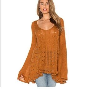 Free People Found My Friend Open Knit Waterfall Sweater Honey Rust